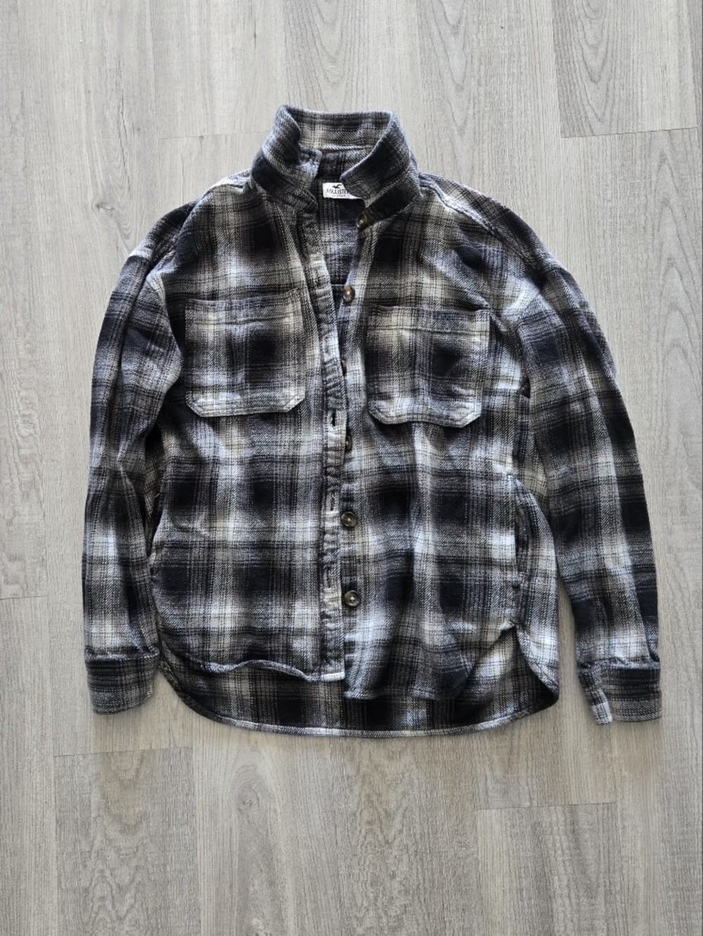 Hollister Black and Gray Plaid Button-Down Shirt, Size XS